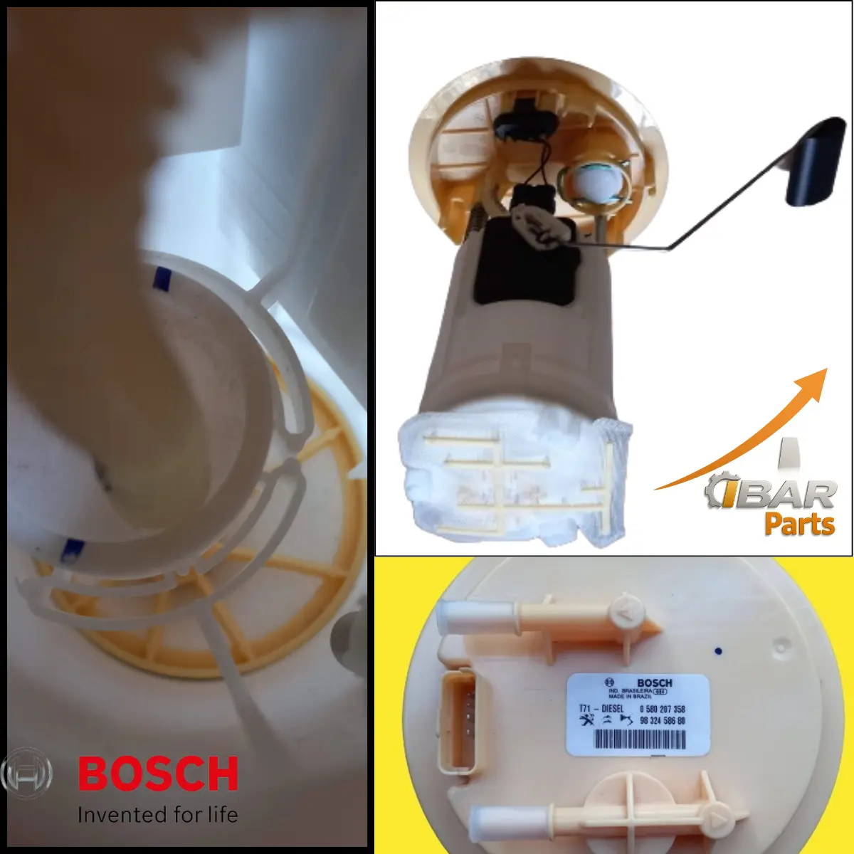 Collage de inspeccion en taller: pre-filtro, flotante y etiqueta de la bomba Bosch Partner Berlingo 1.6 HDi.
