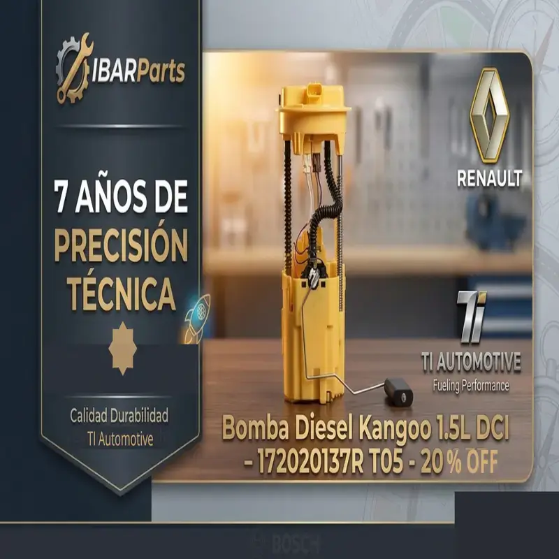 Conjunto bomba diesel Kangoo 1.5 DCI 172020137R T05 completo con aforador y resortes. Vista trasera mostrando motor electrico turbina regenerativa 12V y sistema de fijacion.