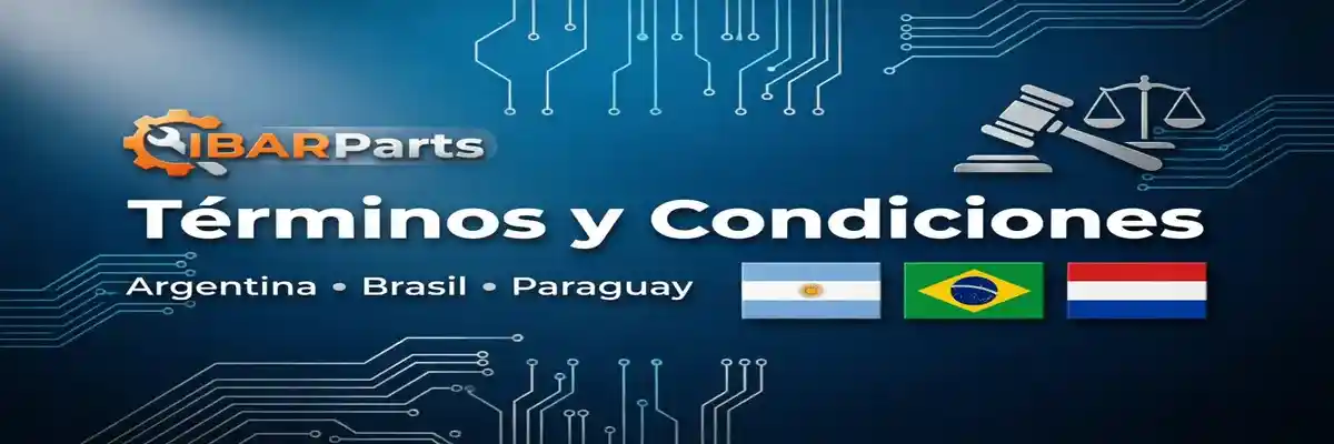 Encabezado visual de la sección legal de IBARParts con diseño técnico y banderas del Mercosur