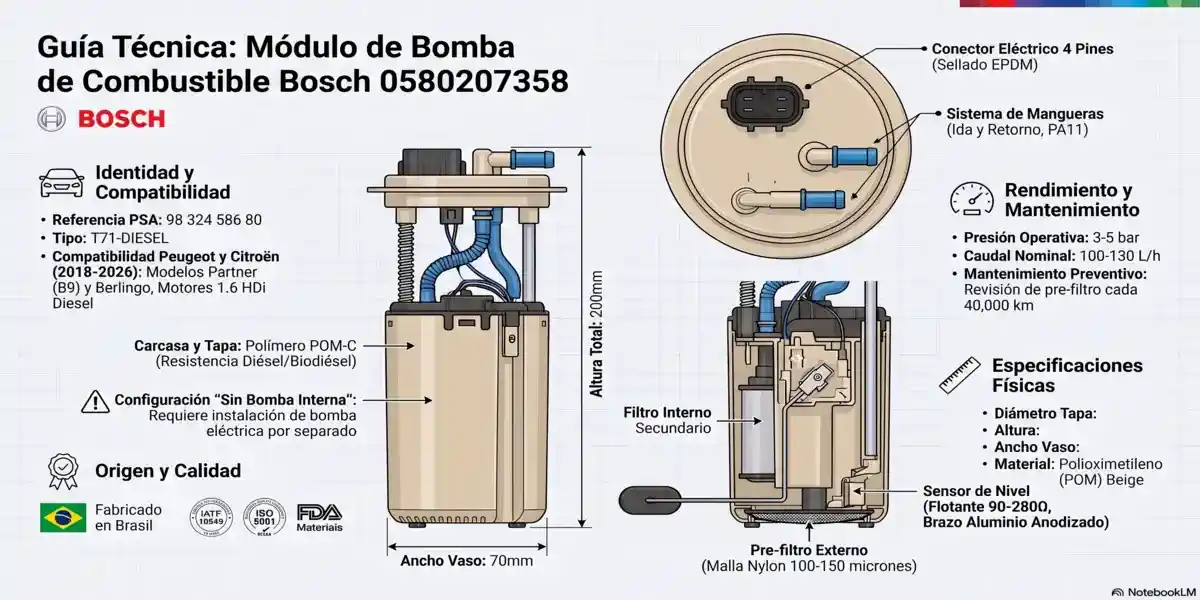 Infografia tecnica modulo bomba combustible Bosch 0580207358 para motores PSA DV6 (Partner Berlingo 1.6 HDi). Dimensiones: 150mm diametro tapa, 200mm altura total, 70mm ancho vaso, conector 4 pines OEM. Presion 3.0-4.0 Bares. Fabricacion Brasil IATF 16949. Compatible motores DV6TED4 DV6UTED4 DV6C DV6FD 2018-2026.