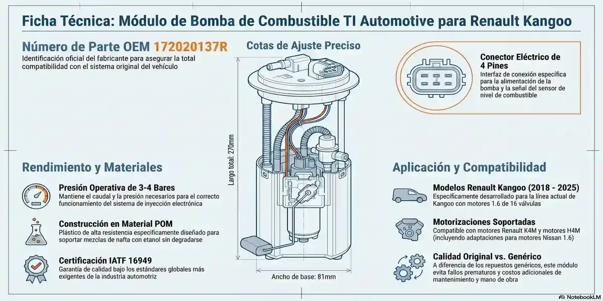 Plano técnico módulo bomba combustible TI Automotive Renault Kangoo 1.6 16V nafta dimensiones exactas: diámetro tapa 135mm, base 81mm, número parte OEM 172020137R. Conector 4 pines, materiales POM, presión 3-4 Bares, certificación IATF 16949:2016.