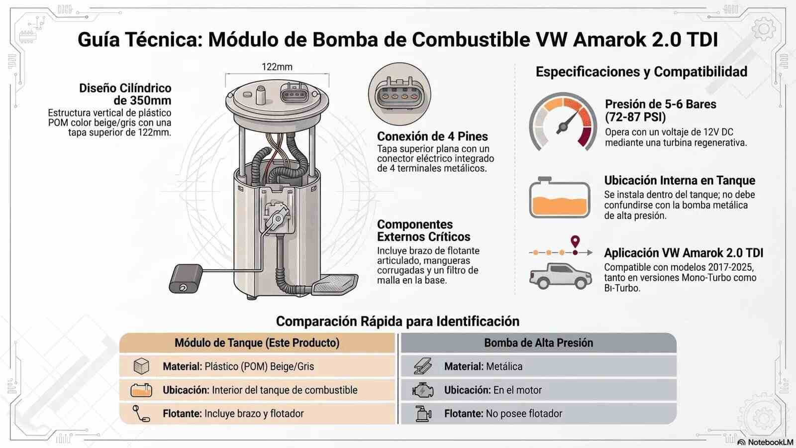 Infografia tecnica modulo con la bomba combustible VW Amarok 2.0 TDI Bosch 2H0919050F. Dimensiones 350mm x 122mm, presion 5-6 Bares Common Rail, conector 4 pines, compatible Mono y Bi-Turbo 2017-2025. Certificacion IATF 16949.
