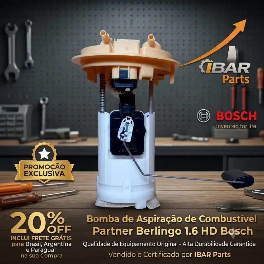Vista superior do modulo bomba combustivel Bosch Partner Berlingo 1.6 HDi. Carcaca POM e conectores OEM.