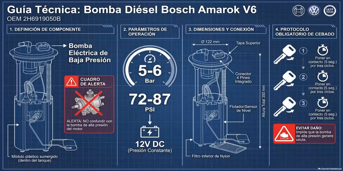 Ficha Tecnica Bomba Diesel Amarok V6 Bosch 350mm 122mm | IBARParts Infografia tecnica de la bomba de combustible Bosch para Volkswagen Amarok V6 3.0 TDI 2018-2026. Especificaciones: altura 350mm, diametro de tapa 122mm, conector 5 pines, sensor EKP y flotante integrados. Fabricacion brasilena con certificacion de calidad original Bosch.