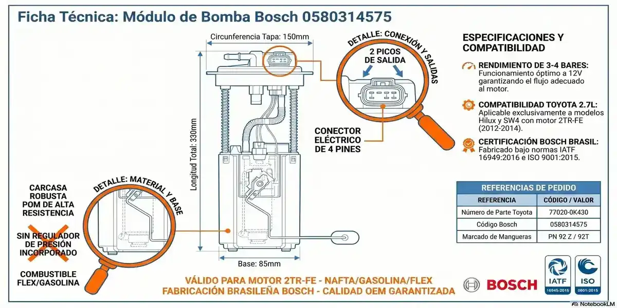 Ficha Técnica: Bomba Bosch Hilux 2.7L 2TR-FE 0580314575 | IBARParts Plano técnico módulo bomba combustible Bosch 0580314575 Toyota Hilux 2.7L SW4 motor 2TR-FE (2012-2014). Dimensiones: 330mm largo total, 150mm circunferencia tapa, 85mm base. Conector eléctrico 4 pines, 2 picos salida, SIN regulador presión. Carcasa POM. Toyota 77020-0K430. Fabricación Bosch Brasil certificación IATF 16949 ISO 9001. Nafta/gasolina/flex.