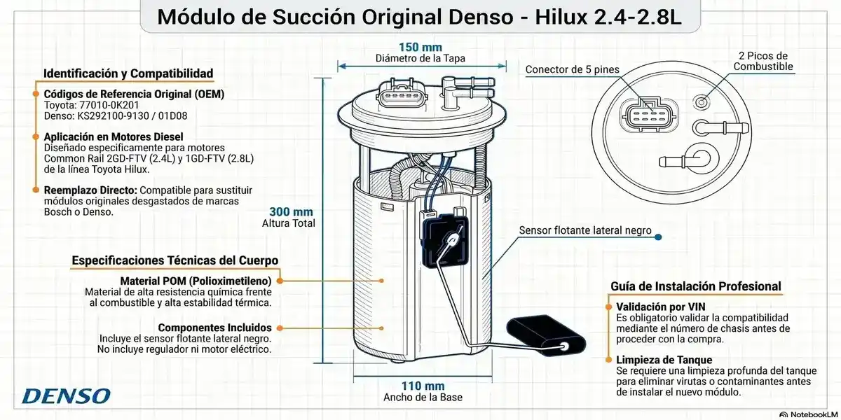 Especificaciones técnicas Denso Hilux 2.4 - 2.8 - 77010-0K201 Plano técnico módulo de succión Denso original para Toyota Hilux 2.4-2.8L Diesel (2GD-FTV/1GD-FTV). Dimensiones: 300mm alto, 150mm tapa, 110mm base. Material POM, conector 5 pines, 2 picos, sin regulador de presión. Códigos OEM 77010-0K201 y KS292100-9130. Incluye flotante calibrado.
