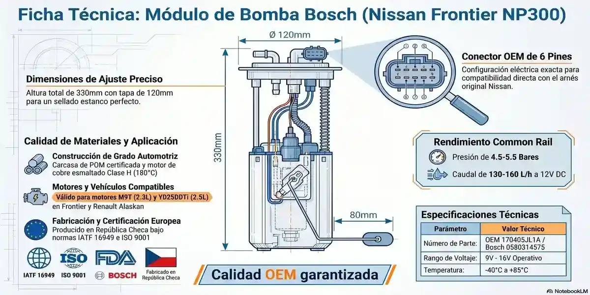 Ficha Técnica Bomba Bosch Frontier NP300 6 pines - 330mm 120mm Infografía técnica bomba combustible Bosch 170405JL1A Nissan Frontier NP300 2.3-2.5L Diesel. Dimensiones: 330mm altura, 120mm diámetro tapa, 80mm base, conector 6 pines OEM. Presión 4.5-5.5 Bares, caudal 130-160 L/h. Fabricación República Checa IATF 16949. Compatible motores M9T YD25DDTi 2015-2026.
