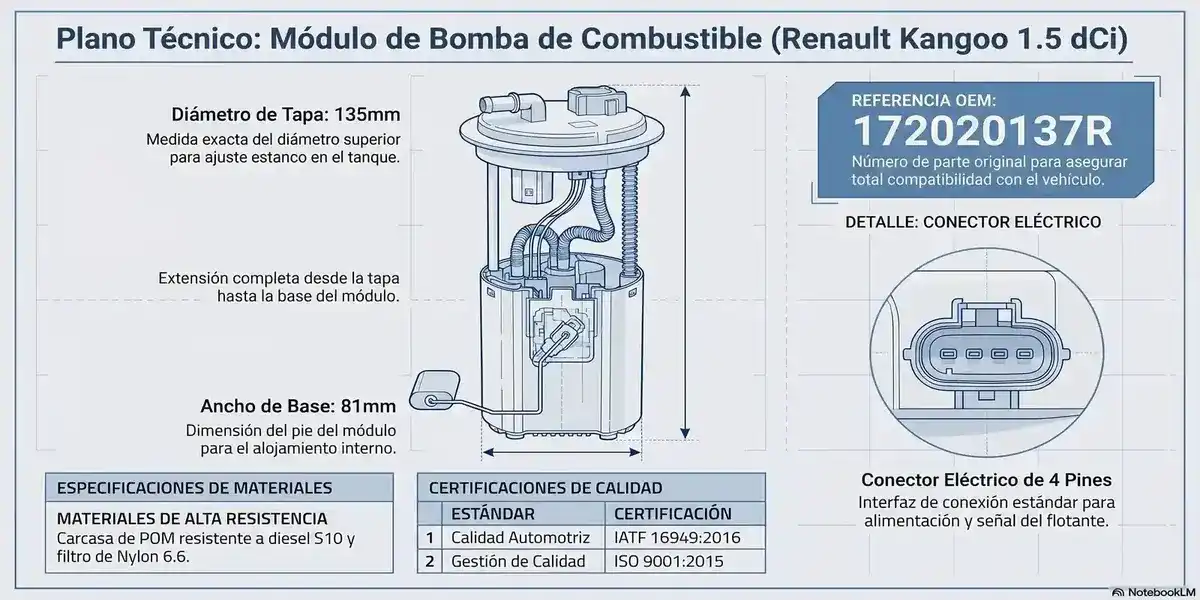 Plano Tecnico Bomba Renault Kangoo 1.5 dCi 135mm Plano tecnico modulo bomba combustible Renault Kangoo 1.5 dCi dimensiones exactas: diametro tapa 135mm, base 81mm, numero parte OEM 172020137R. Conector 4 pines, materiales POM Nylon 6.6 certificacion IATF 16949:2016 ISO 9001:2015 TI Automotive.
