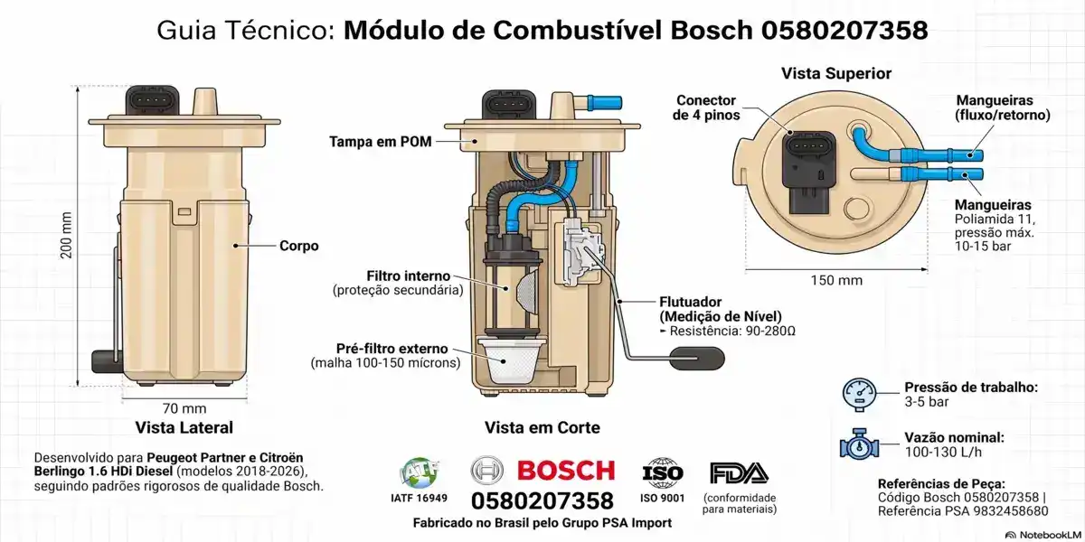 Infografico Tecnico Modulo Bomba Partner Berlingo 1.6 HDi Bosch Infografico tecnico modulo bomba combustivel Bosch 0580207358 para motores PSA DV6 (Partner Berlingo 1.6 HDi). Dimensoes: 150mm diâmetro tampa, 200mm altura total, 70mm largura copo, conector 4 pinos OEM. Pressao 3.0-4.0 Bar. Fabricacao Brasil IATF 16949. Compativel motores DV6TED4 DV6UTED4 DV6C DV6FD 2018-2026.