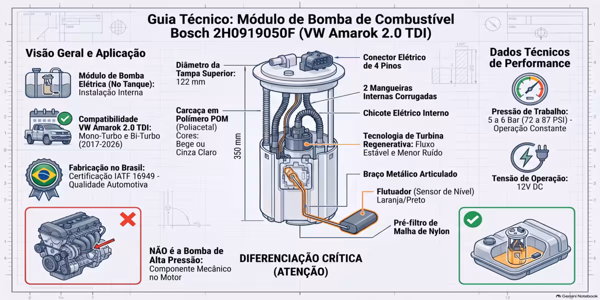 Plano Tecnico Bomba Amarok 2.0 TDI Bosch 2H0919050F Infografico tecnico modulo bomba combustivel VW Amarok 2.0 TDI Bosch 2H0919050F. Dimensoes 350mm x 122mm, pressao 5-6 Bar Common Rail, conector 4 pinos, compativel Mono e Bi-Turbo 2017-2025. Certificacao IATF 16949.