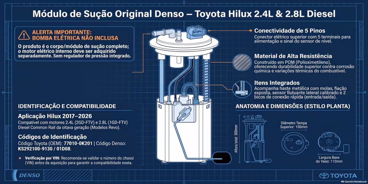 Especificações técnicas Denso Hilux 2.4 - 2.8-77010-0K201 Plano técnico módulo da bomba combustivel original para Toyota Hilux 2.4-2.8L Diesel OEM (2GD-FTV/1GD-FTV). Dimensões: 300mm alto, 150mm tampa, 110mm base. Material POM, conector 5 pinos, 2 picos, sem regulador de pressão. Códigos OEM 77010-0K201 e KS292100-9130.