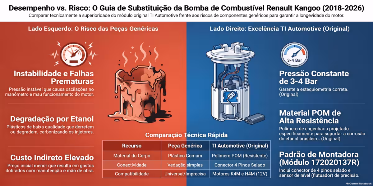 Plano Técnico Bomba Kangoo 1.6 16V Gasolina 135mm Plano técnico módulo bomba combustível TI Automotive Renault Kangoo 1.6 16V gasolina dimensões exatas: diâmetro tampa 135mm, base 81mm, número parte OEM 172020137R. Conector 4 pinos, materiais POM, pressão 3-4 Bares, certificação IATF 16949:2016.