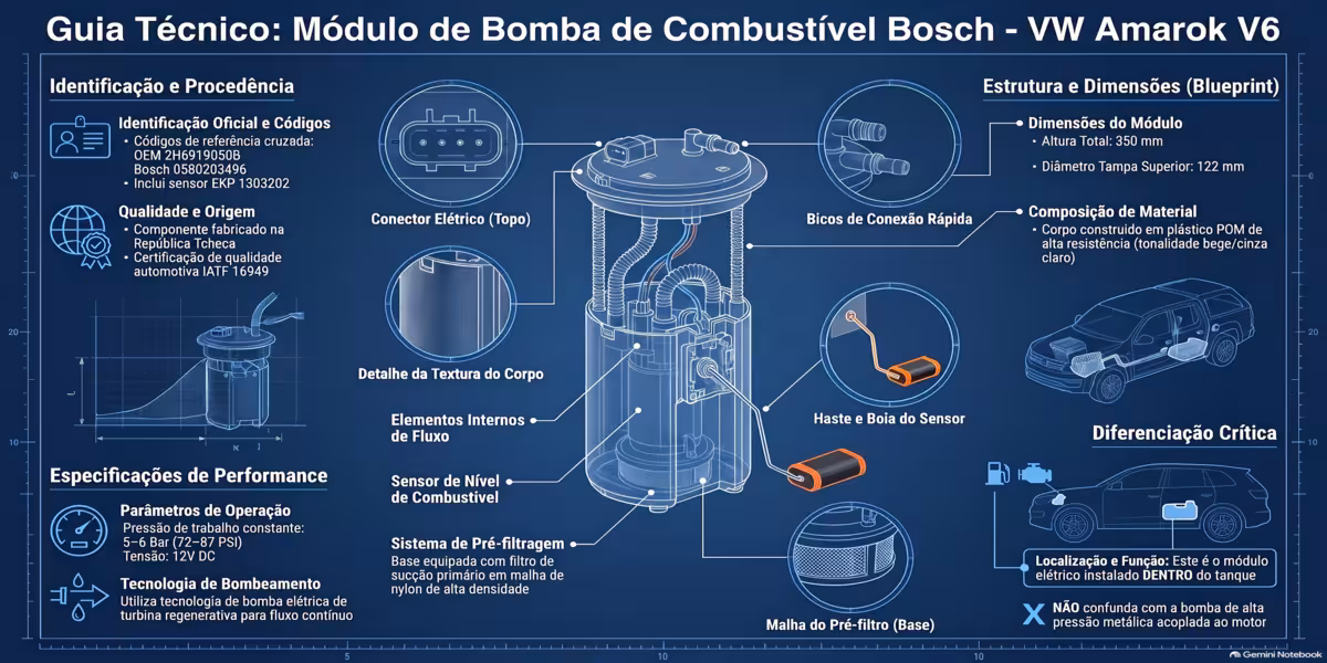 Ficha Tecnica Bomba Amarok V6 Bosch 350mm 122mm | IBARParts Infografico tecnico bomba combustivel Bosch VW Amarok V6 3.0l TDI 2018-2026. Especificacoes: altura 350mm, diametro tampa 122mm, conector 5 pinos, sensor EKP flutuante integrados. Fabricacao brasileira certificacao qualidade original Bosch.