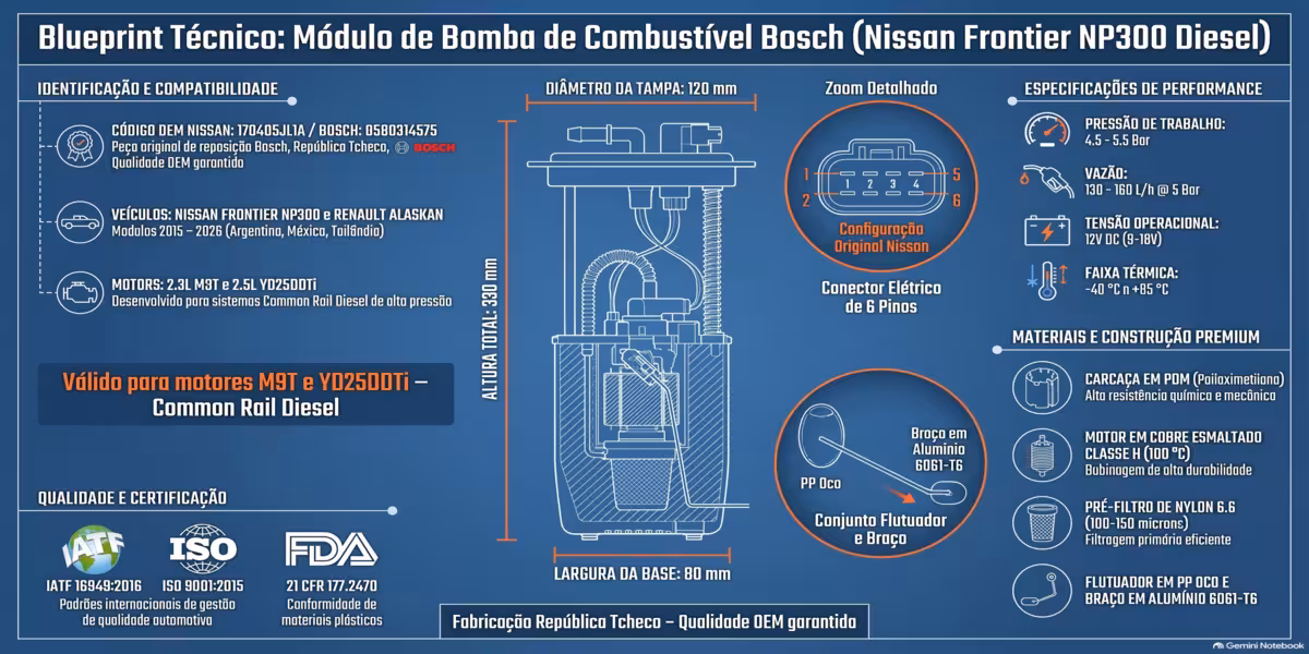 Ficha Tecnica Bomba Bosch Frontier NP300 6 Pinos Infografico tecnico bomba combustivel Bosch 170405JL1A Nissan Frontier NP300 2.3-2.5L Diesel. Dimensoes: 330mm altura, 120mm diâmetro tampa, 80mm base, conector 6 pinos OEM. Pressao 4.5-5.5 Bares, vazao 130-160 L/h. Fabricacao Republica Checa IATF 16949. Compativel motores M9T YD25DDTi 2015-2026.