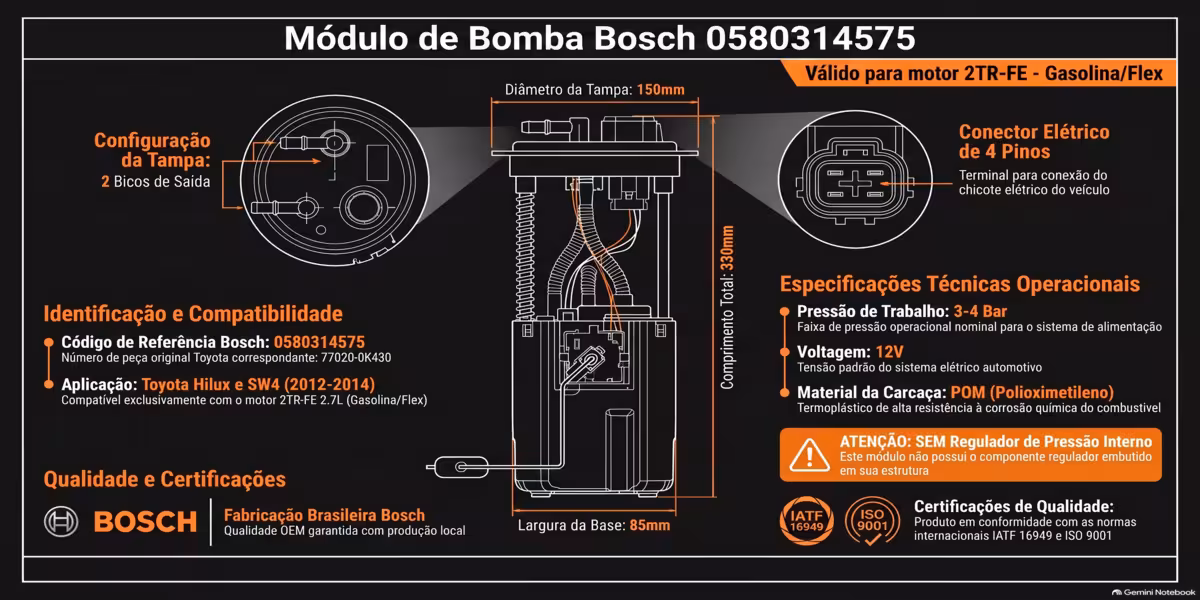 Plano Tecnico Bomba gasolina Bosch Hilux 2.7L 0580314575 Plano técnico módulo bomba gasolina Bosch 0580314575 Toyota Hilux 2.7L SW4 motor 2TR-FE (2012-2014). Dimensões: 330mm comprimento total, 150mm circunferência tampa, 85mm base. Conector elétrico 4 pinos, 2 saídas, SEM regulador pressão. Carcaça POM. Toyota 77020-0K430. Fabricação Bosch Brasil certificação IATF 16949 ISO 9001. Gasolina/flex.