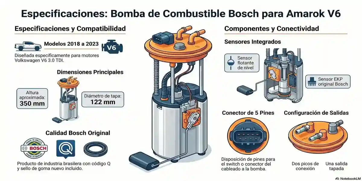 Infográfico técnico bomba combustível Bosch VW Amarok V6 3.0 TDI 2018-2023. Especificações: altura 350mm, diâmetro tampa 122mm, conector 5 pinos, sensor EKP flutuante integrados. Fabricação brasileira certificação qualidade original Bosch.
